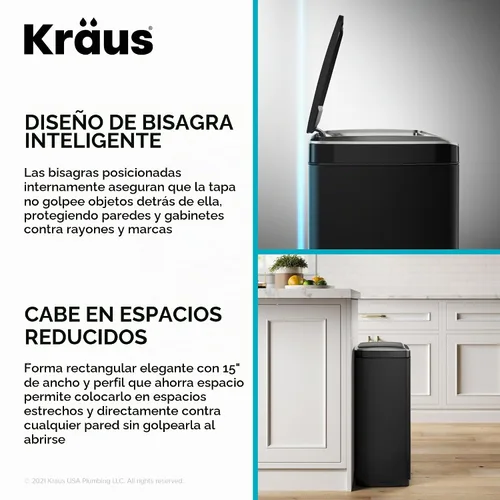 Vista 10 de Kraus GarbagePro Bote de basura rectangular de 13 galones manos libres con sensor de movimiento operado por batería en acabado negro mate con tapa