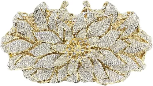 Vista 10 de Boutique De FGG Bolsos de noche con diamantes de imitación de flores para mujer, para fiesta formal, de cristal, bolso de mano de boda, mini Dorado