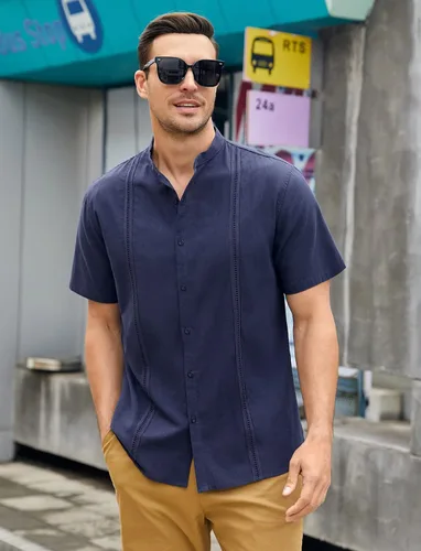 Vista 3 de Ryannology Guayabera - Camisas de lino de manga corta con botones para hombre, estilo casual, playa, campamento cubano, camisa mexicana para hombre