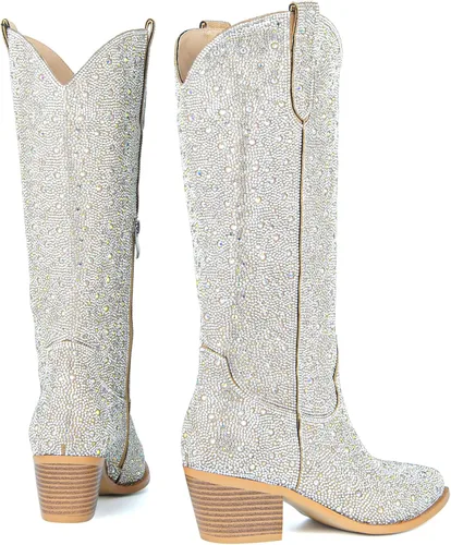 Vista 5 de SOVANYOU - Botas de cowboy con tachuelas para mujer, puntera en forma de almendra, tacón de bloque brillante, botas de vaquera con tachuelas