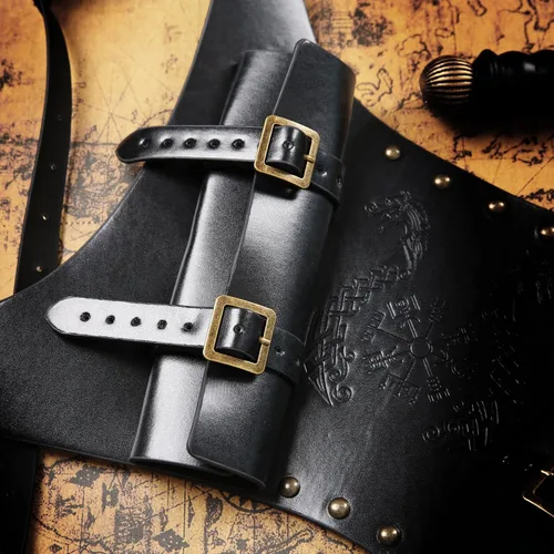 Vista 4 de HZMAN Tótem vikingo medieval espada rana ajustable cuero PU doble espada correa Cosplay Renacimiento LARP