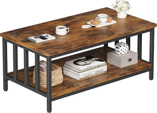 Vista 8 de Mesa de centro para sala de estar con marco de listones laterales, moderna mesa de sala de estar de granja con estante de almacenamiento de 2