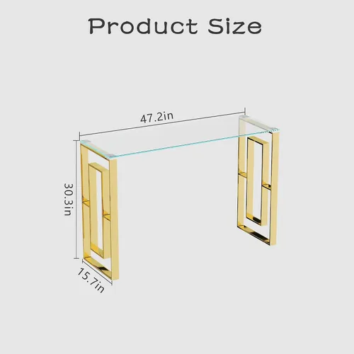 Vista 2 de SSLine Mesa consola de vidrio templado, mesa de sofá de cristal transparente con marco de acero inoxidable, mesas de entrada doradas para pasillo