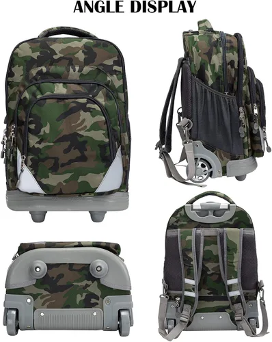 Vista 7 de WEISHENGDA Mochila con ruedas de 18 pulgadas para adultos y estudiantes escolares, libros de viaje cortos, bolsas de carrito para laptop, camuflaje