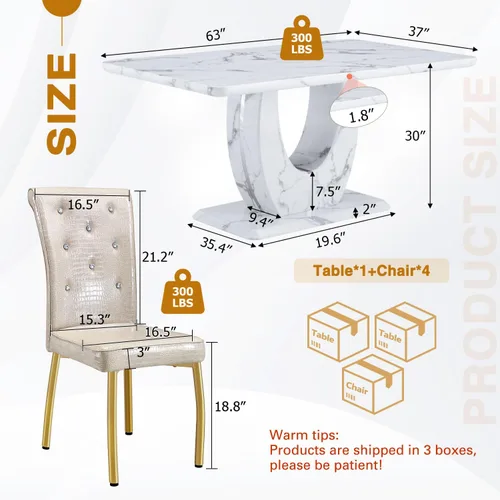 Vista 3 de Moderno juego de mesa de comedor de mármol sintético para 4, mesa de cocina rectangular blanca de 63 pulgadas con elegante base de pedestal