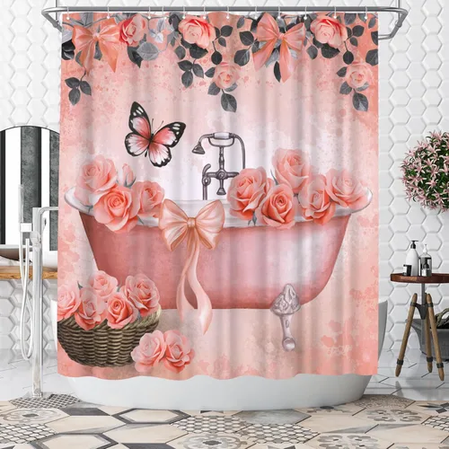 Vista 2 de WELMECO - Cortina de ducha naranja con lazo para bañera y niñas, decoración