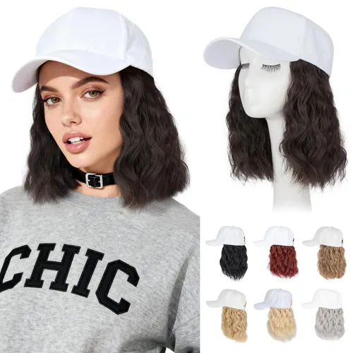 Vista 32 de Hairro Peluca de gorra de béisbol con cabello adjunto, corto estilo Bob ajustable, extensiones de cabello sintético para mujeres, balayage