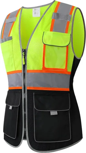 Vista 12 de Chaleco de seguridad para mujeres, chaleco de trabajo reflectante de alta visibilidad con 9 bolsillos múltiples y cremallera Negro
