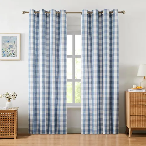 Vista 39 de Amzdecor Cortinas a cuadros con ojales de búfalo de 54 pulgadas de largo, cortinas texturizadas semitransparentes para sala de estar, dormitorio