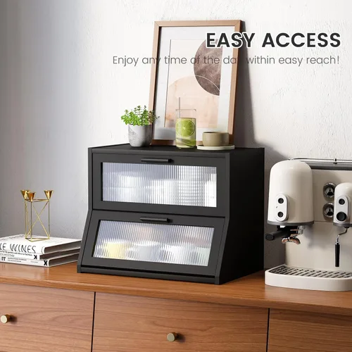 Vista 3 de GHWIE Panera de bambú de doble capa para encimera de cocina, contenedor de almacenamiento de pan de gran capacidad, recipiente para pan con panel