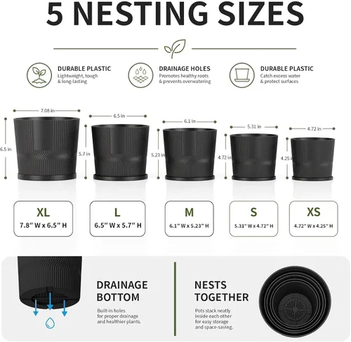 Vista 6 de 5 macetas para interiores, 4.8+5.5+6+6.5+7 pulgadas con platillos y drenaje Negro