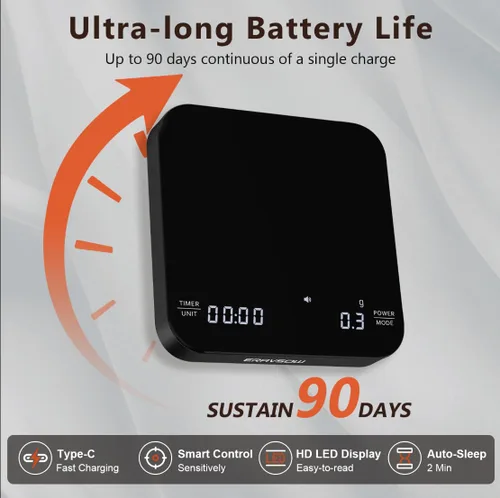 Vista 3 de Báscula de café con temporización automática, mini báscula recargable de espresso con temporizador, báscula de alta precisión de 2kg/0.1g