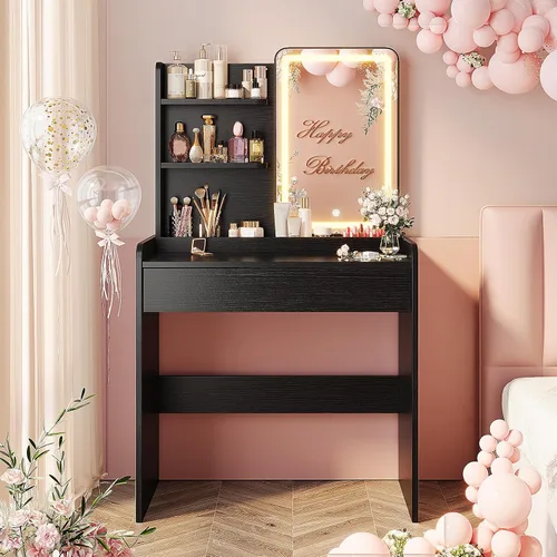 Vista 6 de Memobarco Escritorio pequeño con espejo y luces, tocador de maquillaje con cajón y estantes de almacenamiento, escritorio de tocador con 3 modos