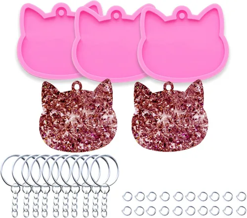 Vista 6 de 3 piezas de moldes de silicona de resina brillante con huella de pata para hacer llaveros DIY, molde de epoxi en forma de corazón con anillo