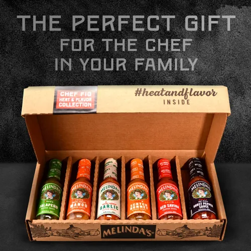 Vista 4 de Melinda's Chef Fig's Heat & Flavor Collection - Juego de regalo de salsa picante gourmet con una variedad de sabores y niveles de especias, incluye