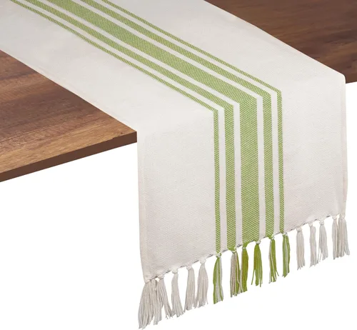 Vista 13 de Native Fab Camino de mesa a rayas grises – Mantel bohemio de 72 pulgadas de largo con borlas – 100% algodón, tejido apretado, mantel antideslizante
