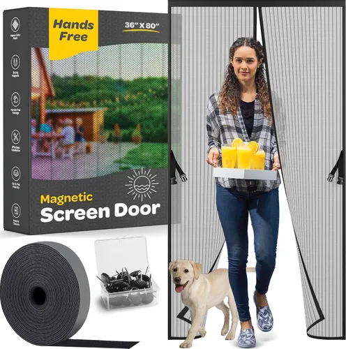Vista 19 de Puerta mosquitera magnética manos libres, resistente, protector de malla de puerta de mosquitero autosellado, apto para mascotas y niños, hebilla