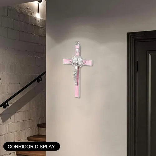 Vista 3 de VINETEN Crucifijo - Cruz de Pared de San Benito que da Bendición y Cruz de Pared Espiritual Sagrada de Esmalte Rosa para Niña de 5 Pulgadas