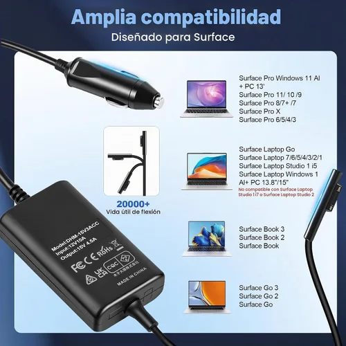 Vista 2 de Surface Pro - Cargador de coche para laptop de 65 W, 15 V, 4.5 A, compatible con Microsoft Surface Pro 11/10/9/8/7+/7/6/5/4/3 Laptop1/2/3/4/5/6/7