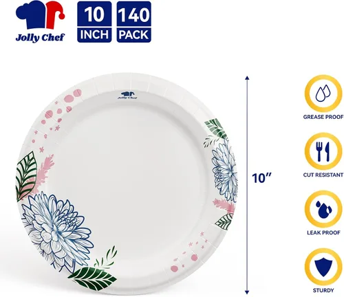 Vista 2 de JOLLY CHEF Platos de papel desechables resistentes con estampado de flores, a prueba de remojo, cortes, resistentes para uso diario