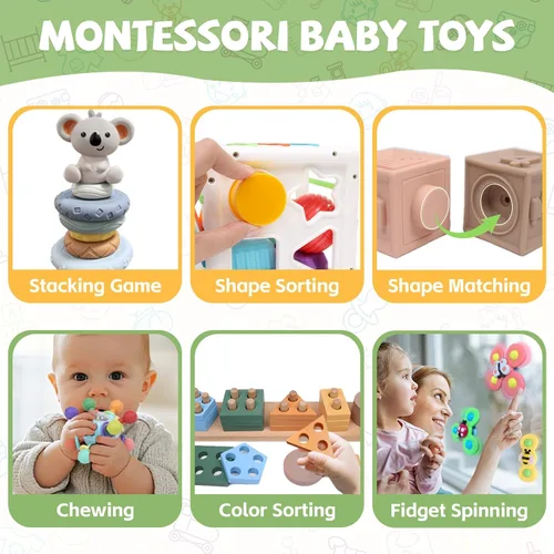 Vista 3 de YHHYTOY Juguetes Montessori 6 en 1 para bebés de 0-6 6-12 meses, juguetes de dentición para bebés, bloques apilables suaves, anillos clasificadores