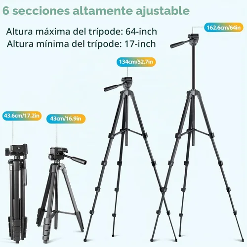 Vista 2 de Aureday - Soporte para trípode de teléfono, trípode extensible de 64" para celular y cámara con control remoto inalámbrico y soporte para teléfono