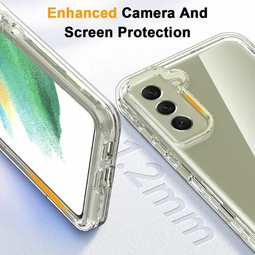 Vista 4 de KIOMY Funda transparente para Samsung Galaxy S21 FE 5G a prueba de golpes, carcasa rígida + parachoques de TPU flexible, 3 capas en 1 con 2 paquetes