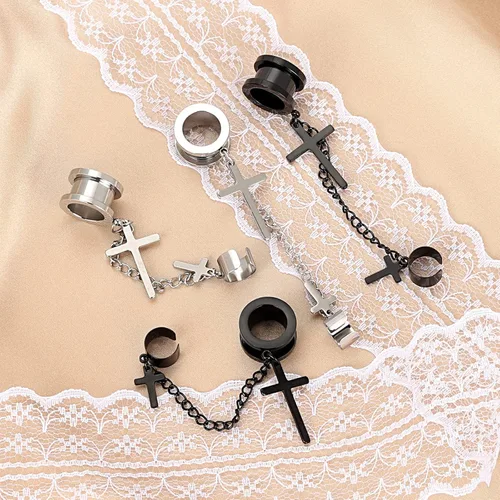 Vista 2 de Longbeauty 2 Pairs Surgical Steel Dangle Cross Ear Tunnels Fashion Ear Gauges Plugs Expander Stretchers Piercings Black & Silver 2g-58