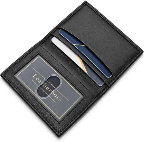 Vista 2 de Leatherboss Cartera Bifold Delgada de Cuero Genuino Porta Tarjetas de Crédito, Débito e ID Compacta y Elegante con Ventanas Transparentes