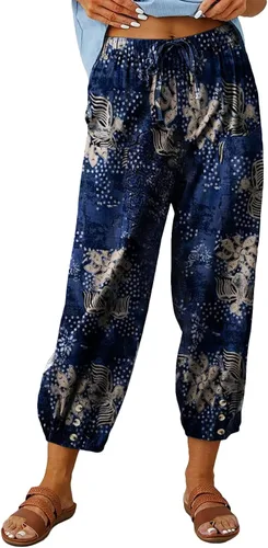 Vista 9 de Pantalones capri de cintura alta con cordón y botón de algodón suelto casual con bolsillos para mujer