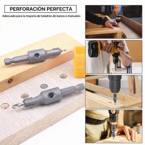 Vista 6 de Juego de 3 brocas avellanadas con vástago hexagonal de 1/4 pulgadas con tope de profundidad ajustable para madera, escariador de carpintería