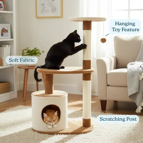 Vista 4 de PETMAKER Cat Tree Condo de 3 niveles con condominio y postes rascadores, 37.5 pulgadas, marrón y bronceado