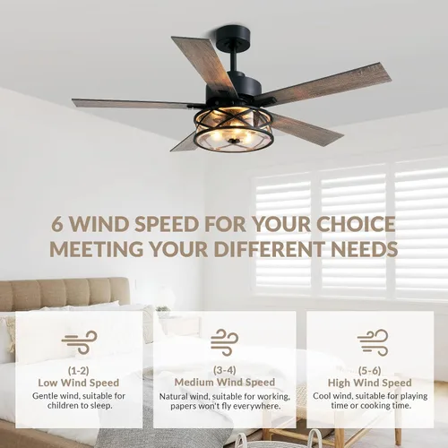Vista 3 de Ventilador de techo de granja con luces de 52 pulgadas enjaulado Bubble glass shade farmhouse fandelier with walnut blades, quiet DC motor