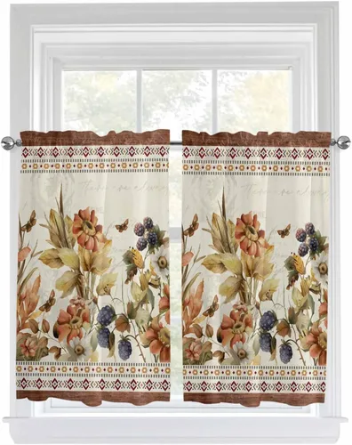 Vista 74 de Cortinas de cocina de Navidad, cenefa semitransparente ajustable con lazo, muñeco de nieve, copo de nieve, bolsillo para barra, tratamiento
