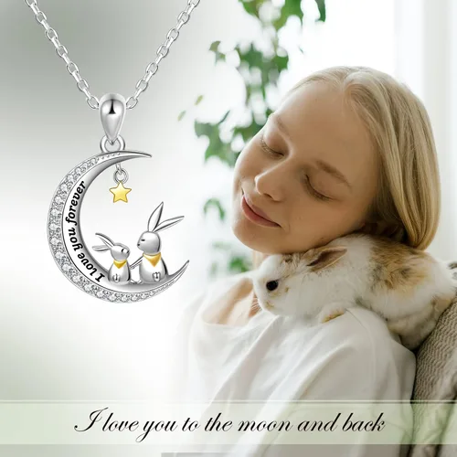 Vista 2 de QIUQIULU CatRabbitBear Necklace 925 Sterling Silver Mother and Child Animal on Moon Pendant Necklace Jewelry Gifts for Women