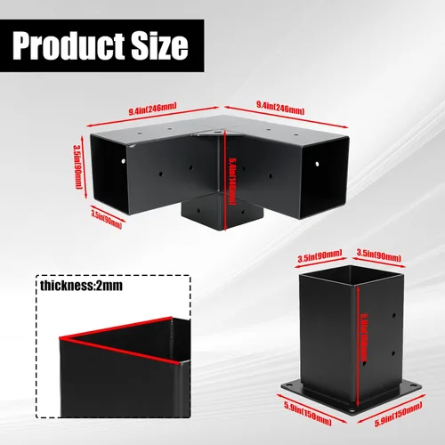 Vista 3 de Kit de soportes para pérgola de 4 x 4 pulgadas (real 3.5 x 3.5 pulgadas), 3 vías (4 piezas) y 4 vías (2 piezas) soportes para cenador con 6 piezas