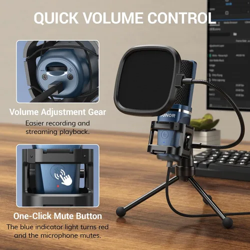 Vista 3 de TONOR TC-777 - Micrófono de podcast, micrófono de computadora USB, micrófono de condensador cardioide para PC con soporte de trípode y filtro pop
