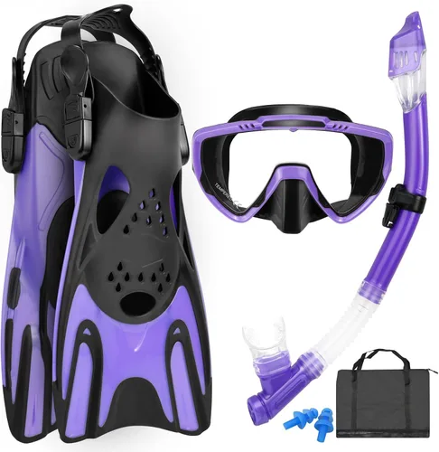 Vista 8 de Snorkeling Gear for Adults, Mask Fins Snorkel Set, Panoramic View Diving Mask Anti-Fog, Anti-Leak, Dry Top Snorkel and Dive Flippers with Travel Bag