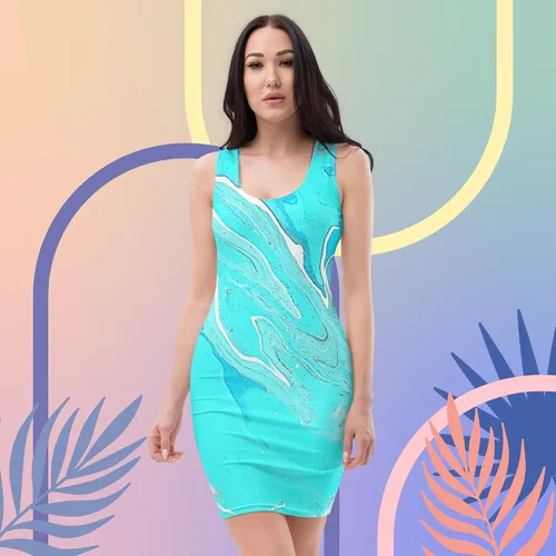 Vista 2 de Vestido ajustado elástico azul playero para mujer, 82% poliéster, 18% elastano, fabricado en los Estados Unidos