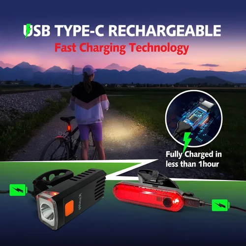 Vista 6 de Kunhe Luces de bicicleta recargables USB-C delanteras y traseras (2 o 4 o 10 o 20 paquetes) conducción nocturna para niños y adultos, 3 modos