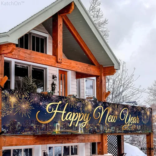 Vista 2 de KatchOn Cartel de Feliz Año Nuevo 2025, extragrande, 120 x 20 pulgadas Suministros para fiestas de Nochevieja 2025, decoraciones nuevas 2025