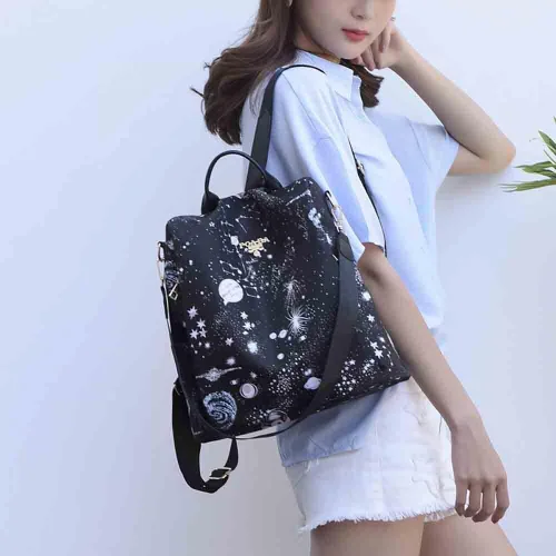 Vista 3 de Mochila de mujer, bolsa de viaje impresa estrella, bolsa de compras de moda de gran capacidad, Cielo estrellado, Moderno