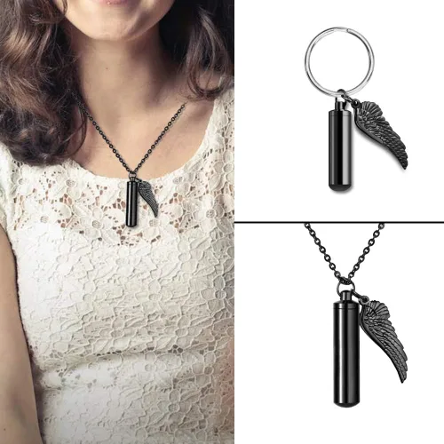 Vista 3 de Dletay - Collar de urna de cremación para cenizas colgante de recuerdo con alas de ángel acero inoxidable