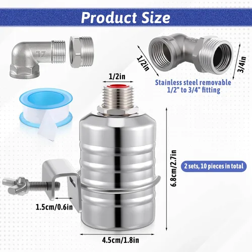 Vista 2 de Válvula de flotador de acero inoxidable 304 con control automático de nivel de agua, válvula de flotador de 1/2 a 3/4 pulgadas con cierre automático