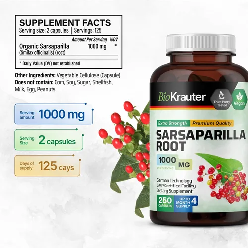 Vista 3 de BIO KRAUTER® Raíz de zarzaparrilla para apoyo hepático – Suplemento de hígado vegano y puro para limpiar 1000 mg por porción – Extracto natural