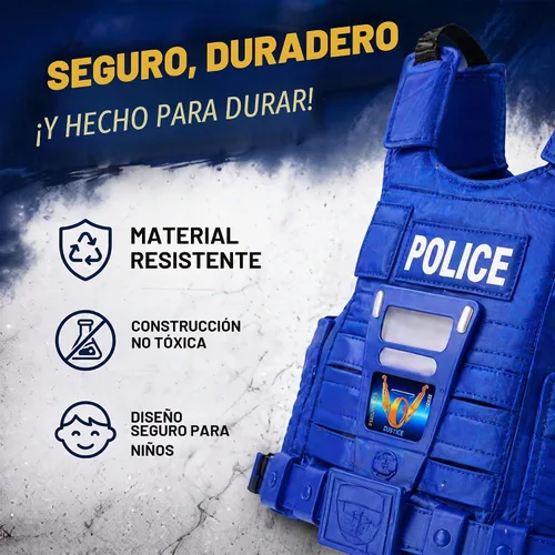 Vista 5 de Set de policía para niños, con máscara, chaleco, escudo, placa, esposas, granada, macana y cuchillo