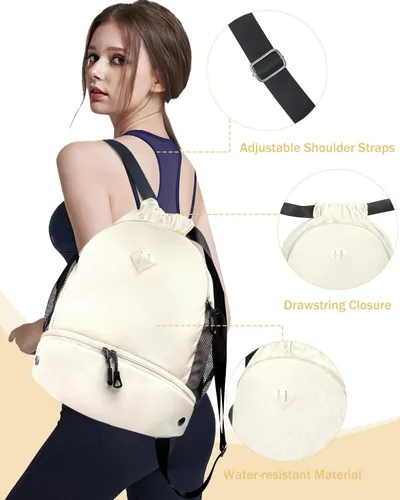 Vista 4 de Mochila de gimnasio con cordón y compartimento para zapatos para hombres y mujeres, bolsa deportiva con bolsillo para ropa húmeda, Beige, Mediana
