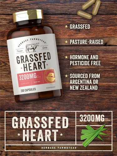 Vista 3 de Carlyle Herbage Farmstead - Suplemento de corazón de carne de res alimentada con pasto 3200 mg 200 unidades Cápsulas bovinas criadas en pasto