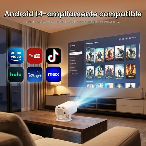 Vista 3 de Mini proyector con WiFi y Bluetooth, proyector inteligente portátil 4K con Android 14 integrado, pantalla de 130", proyector de película