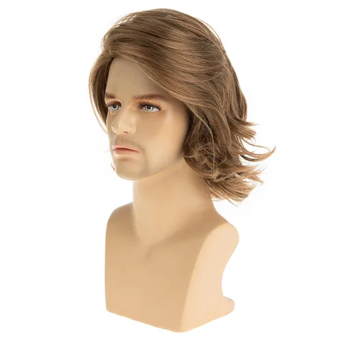 Vista 5 de Pelucas cortas onduladas marrones para hombres, sintéticas, resistentes al calor, esponjosas, para Halloween, cosplay, peluca Marrón claro